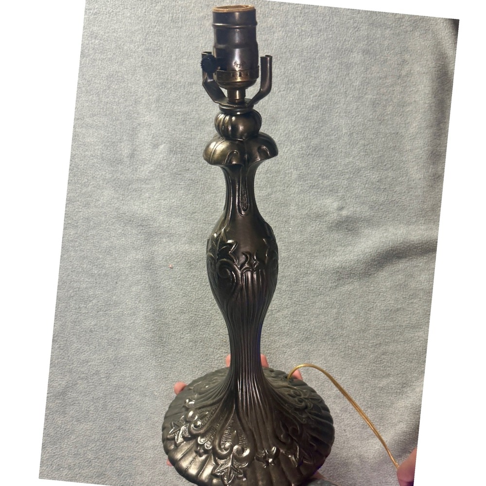 Vintage Ornate Cast Metal Table Lamp Base Bronze Finish Scrollwork 16.5 Inch